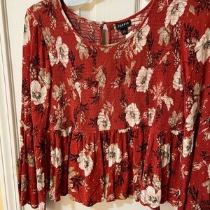 Torrid Size 2 (2X) Rust Floral Smocked Peplum Blouse Bell Sleeve Boho Top 🍂